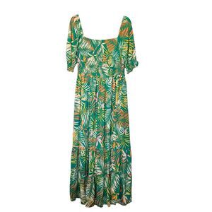 Betsey Johnson Dress Large Green Maxi Tropical Leaf Print Tiered Ruffle Vacay